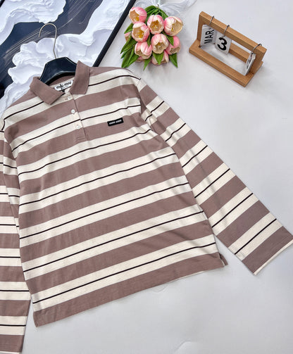 M 25Ss Spring and Summer new logo contrast stripe lapel contrast long-sleeved T-shirt