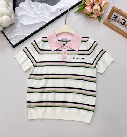 M 25 New Letter Embroidered Striped Knitted Polo Shirt