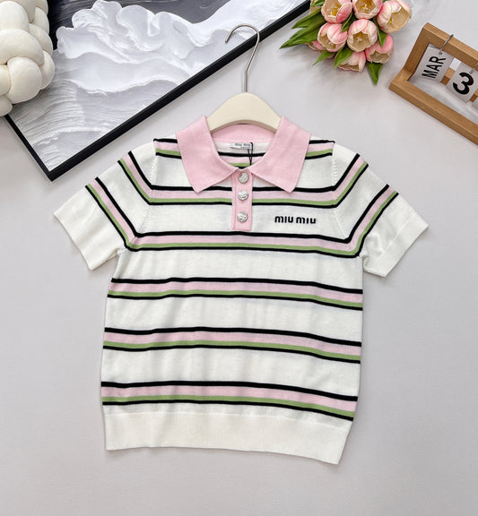 M 25 New Letter Embroidered Striped Knitted Polo Shirt