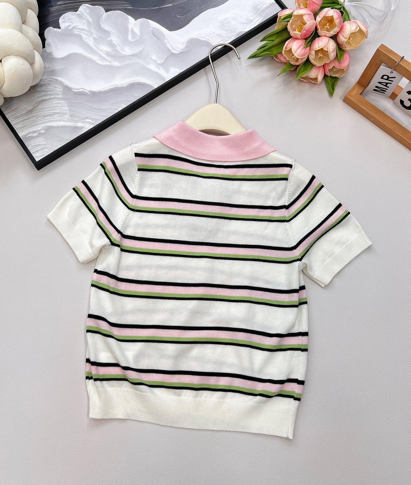 M 25 New Letter Embroidered Striped Knitted Polo Shirt