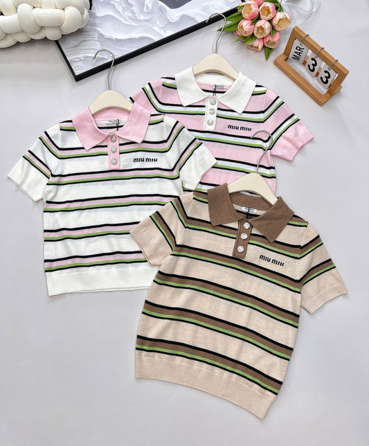 M 25 New Letter Embroidered Striped Knitted Polo Shirt