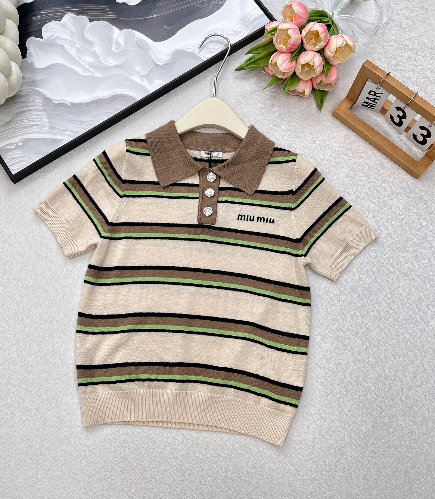 M 25 New Letter Embroidered Striped Knitted Polo Shirt