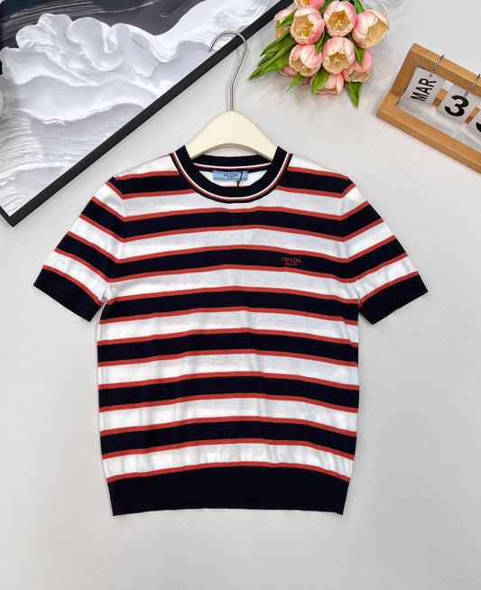 p 25Ss new spring and summer striped short-sleeved knitted top