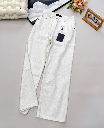 L 25 Early Autumn New Product Jacquard Tassel Hidden Flower Logo Denim Pants White