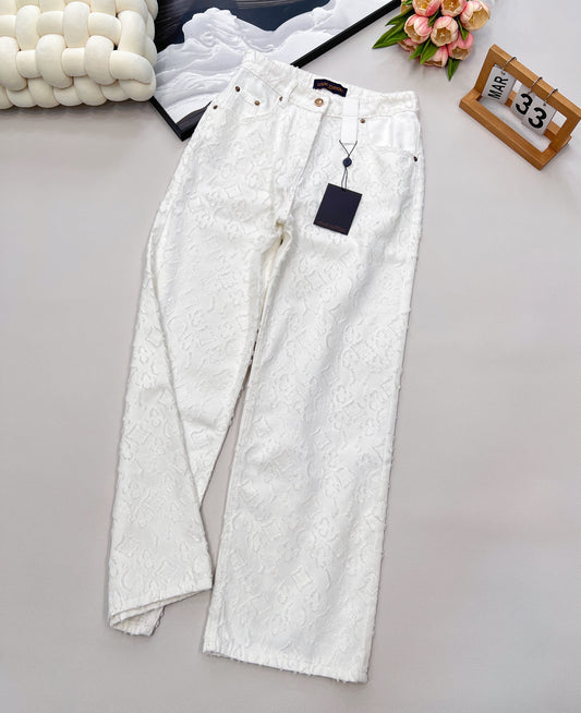L 25 Early Autumn New Product Jacquard Tassel Hidden Flower Logo Denim Pants White