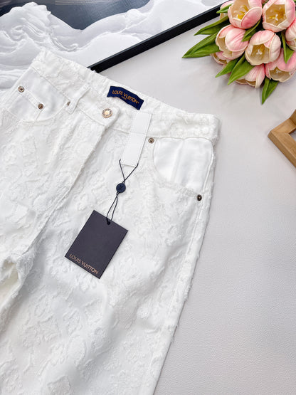 L 25 Early Autumn New Product Jacquard Tassel Hidden Flower Logo Denim Pants White