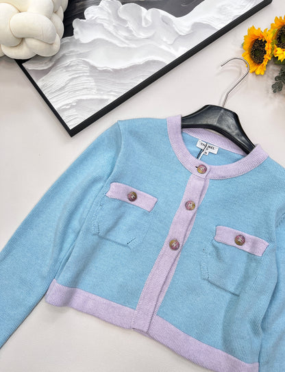 C 24 classic macaron color four-pocket contrast color knitted cardigan