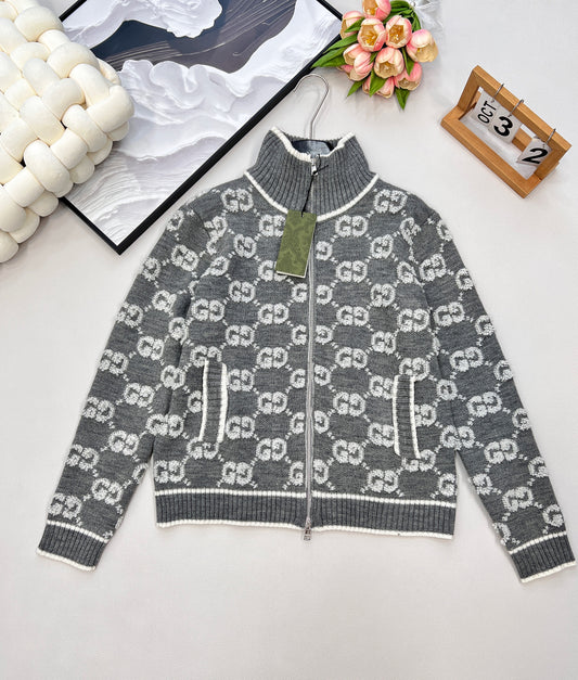 G 25 Limited Edition Classic Stand-Up Collar Jacquard Knit Zipper Cardigan