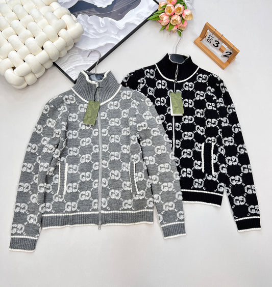 G 25 Limited Edition Classic Stand-Up Collar Jacquard Knit Zipper Cardigan
