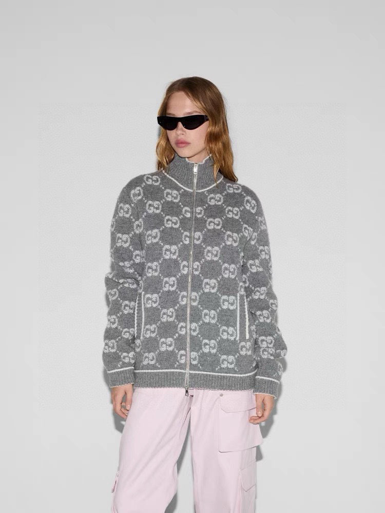 G 25 Limited Edition Classic Stand-Up Collar Jacquard Knit Zipper Cardigan