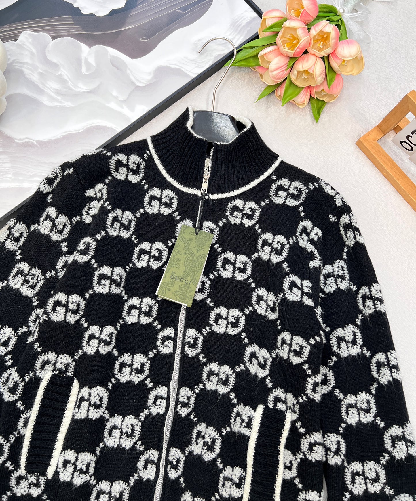 G 25 Limited Edition Classic Stand-Up Collar Jacquard Knit Zipper Cardigan