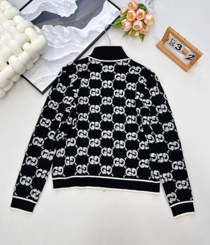 G 25 Limited Edition Classic Stand-Up Collar Jacquard Knit Zipper Cardigan