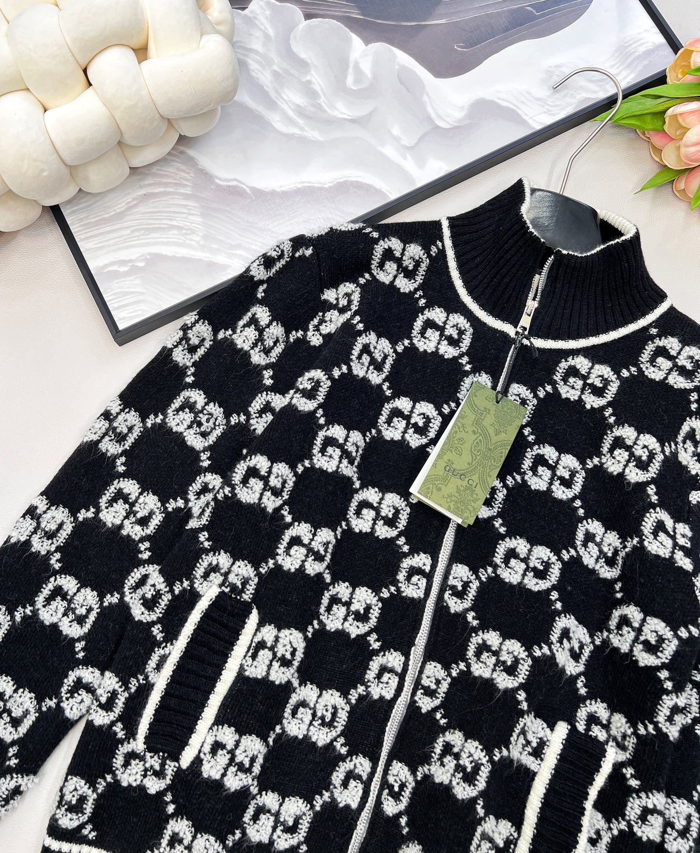 G 25 Limited Edition Classic Stand-Up Collar Jacquard Knit Zipper Cardigan
