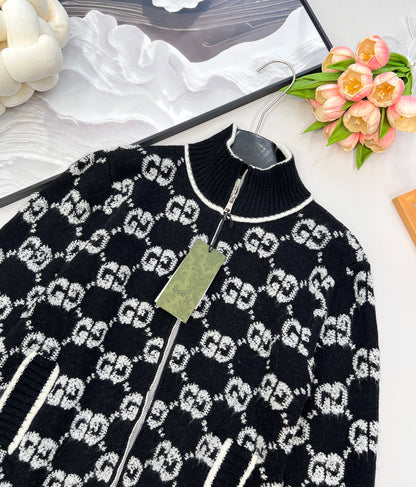 G 25 Limited Edition Classic Stand-Up Collar Jacquard Knit Zipper Cardigan