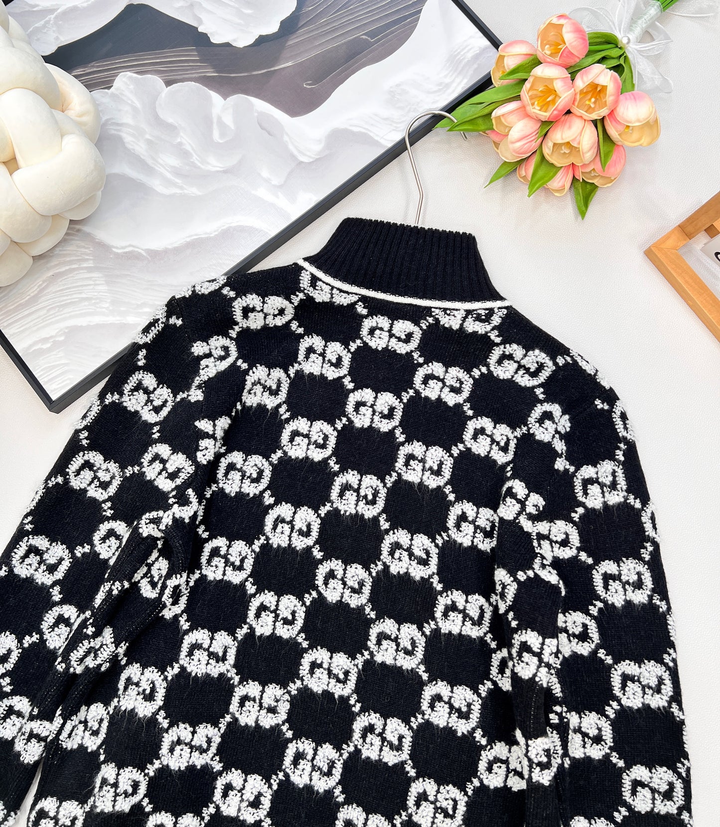 G 25 Limited Edition Classic Stand-Up Collar Jacquard Knit Zipper Cardigan