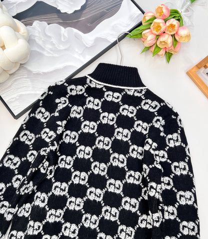 G 25 Limited Edition Classic Stand-Up Collar Jacquard Knit Zipper Cardigan