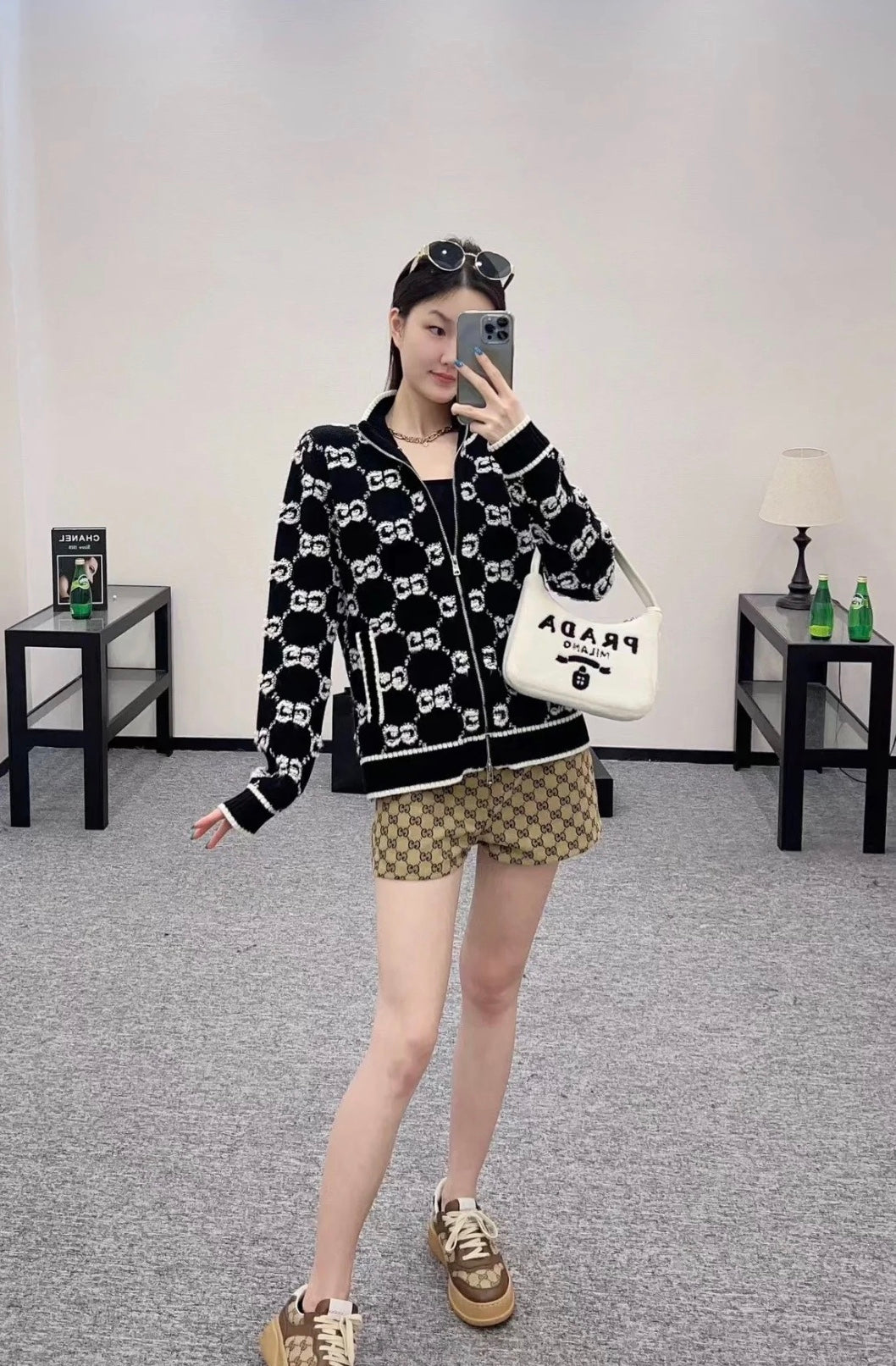 G 25 Limited Edition Classic Stand-Up Collar Jacquard Knit Zipper Cardigan