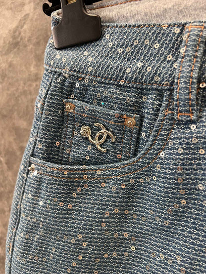 C 25Ss spring and summer new Heavy duty sequin denim half skirt