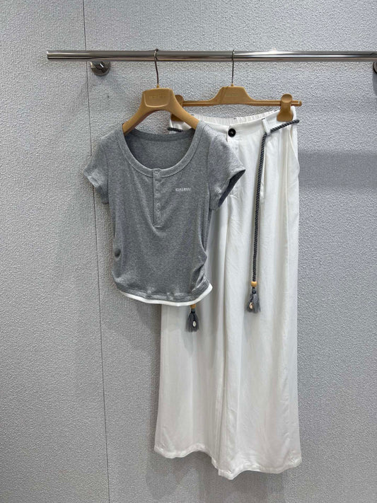 M 25SS Spring/Summer New Embroidered Cotton Short Sleeve + Tencel Denim Wide Leg Set