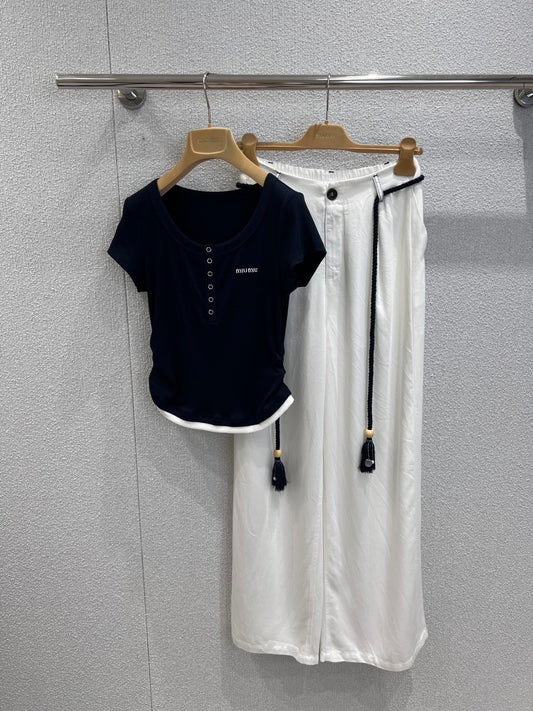 M 25SS Spring/Summer New Embroidered Cotton Short Sleeve + Tencel Denim Wide Leg Set