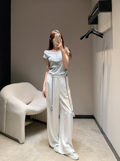 M 25SS Spring/Summer New Embroidered Cotton Short Sleeve + Tencel Denim Wide Leg Set