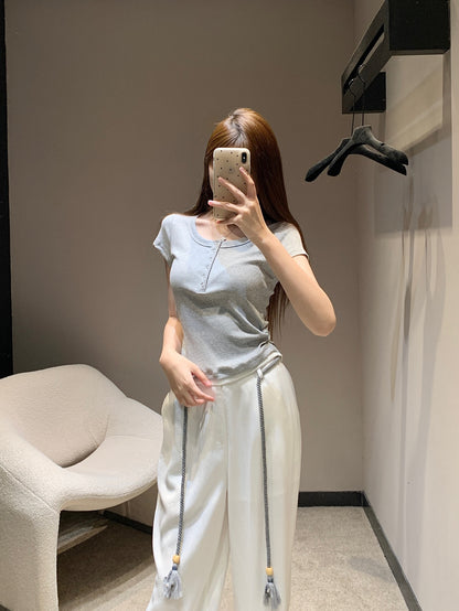 M 25SS Spring/Summer New Embroidered Cotton Short Sleeve + Tencel Denim Wide Leg Set