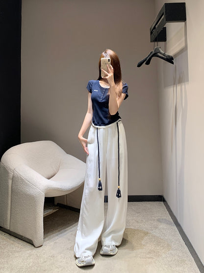 M 25SS Spring/Summer New Embroidered Cotton Short Sleeve + Tencel Denim Wide Leg Set