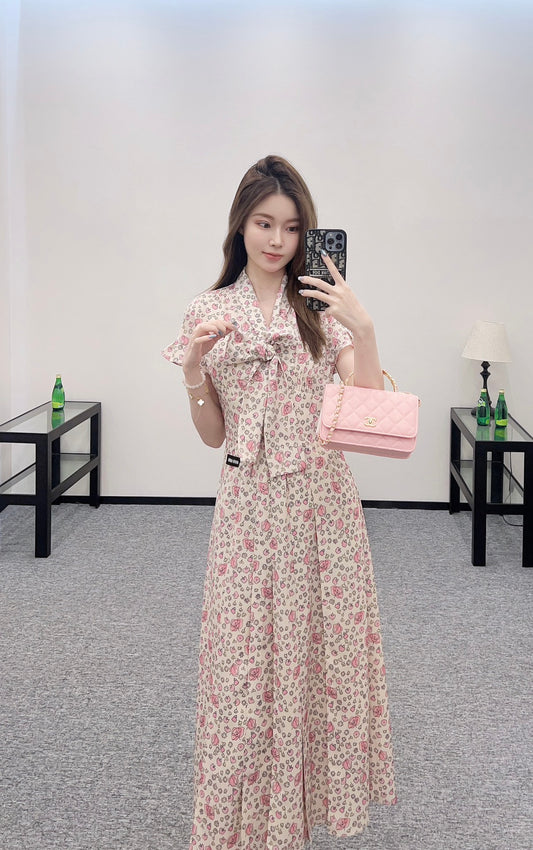 M 25 Tie Lace Cuffs Floral Long Dress
