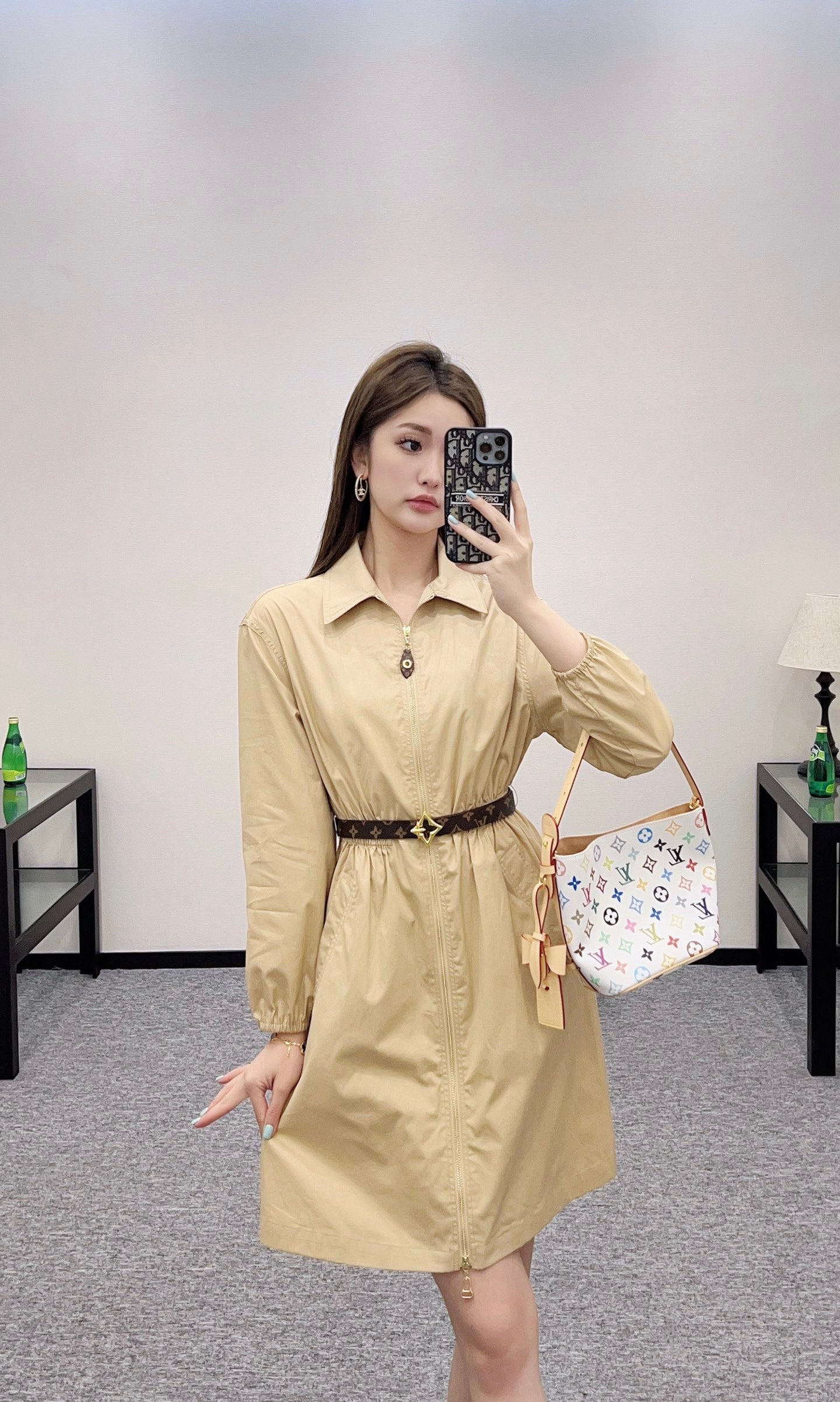 L 25 New Lapel zipper belt dress