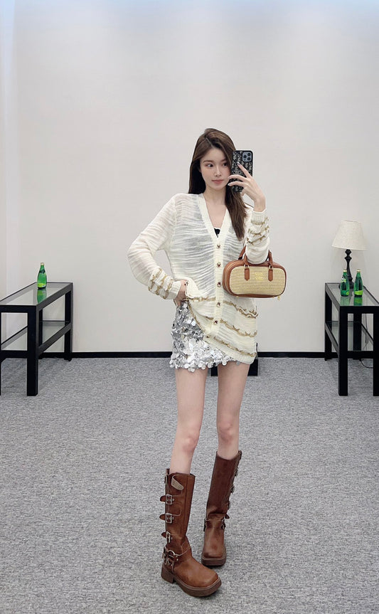 C 25 Gold thread embroidered hem knitted cardigan