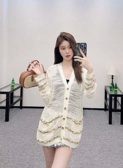C 25 Gold thread embroidered hem knitted cardigan
