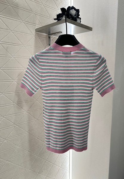 P 25 Striped Knit Cute Pattern Short-Sleeve Top