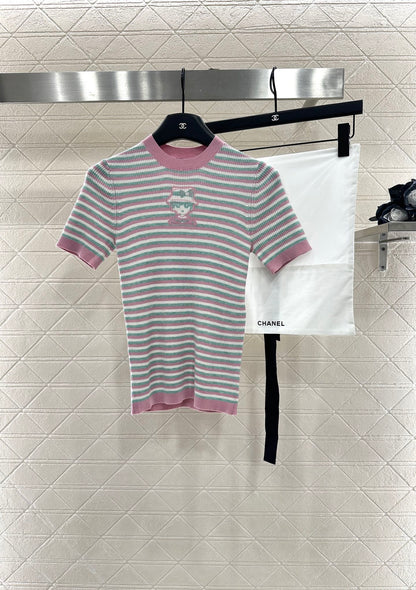 P 25 Striped Knit Cute Pattern Short-Sleeve Top