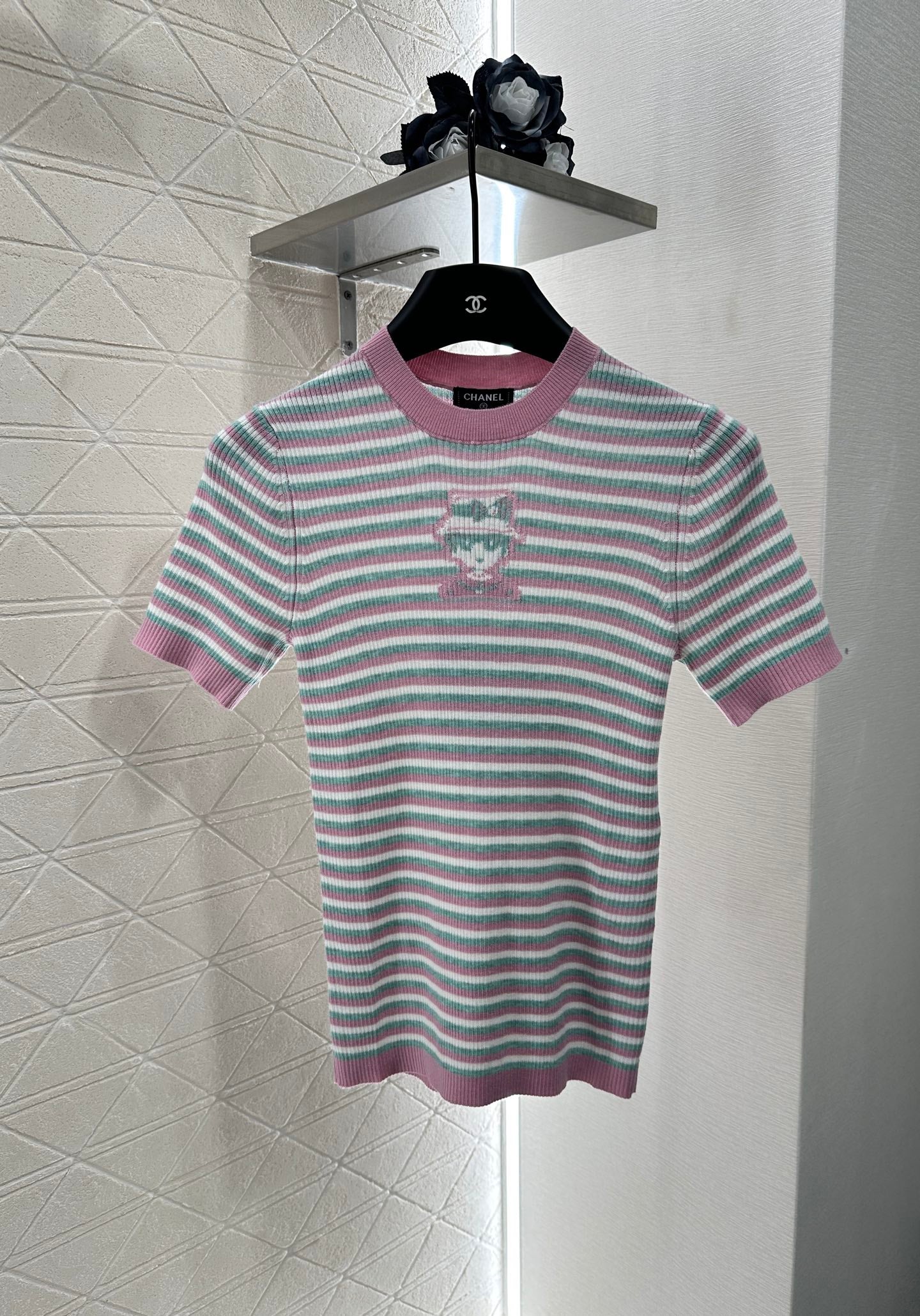 P 25 Striped Knit Cute Pattern Short-Sleeve Top