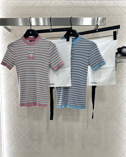 P 25 Striped Knit Cute Pattern Short-Sleeve Top