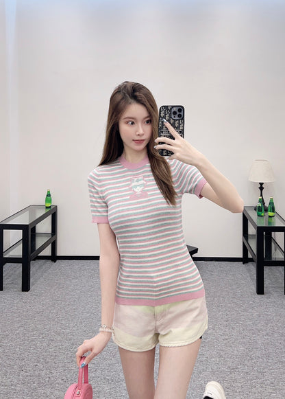 P 25 Striped Knit Cute Pattern Short-Sleeve Top