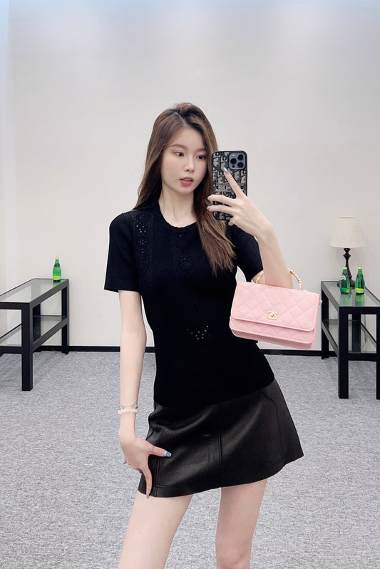 C 25 Lace-up Knit Short-Sleeve Top