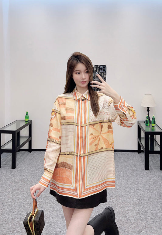 H 25 Color-blocked oversized silk shirt