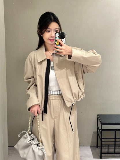 LO 25Ss Early Spring New Flip Lapel Zipper Short Drawstring Jacket Jacket