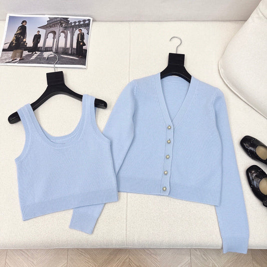 D 25Ss Early Fall New Pearl-Button Wool Knit Cardigan + Vest