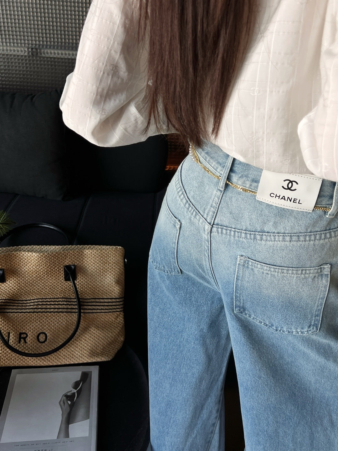 C 25 new pearl waist chain decoration wide leg jeans