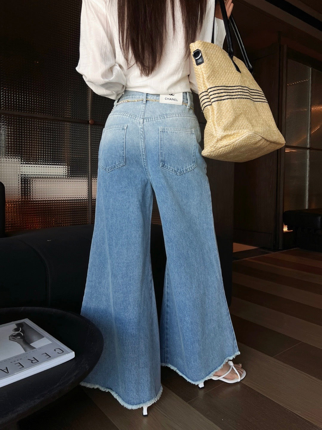 C 25 new pearl waist chain decoration wide leg jeans