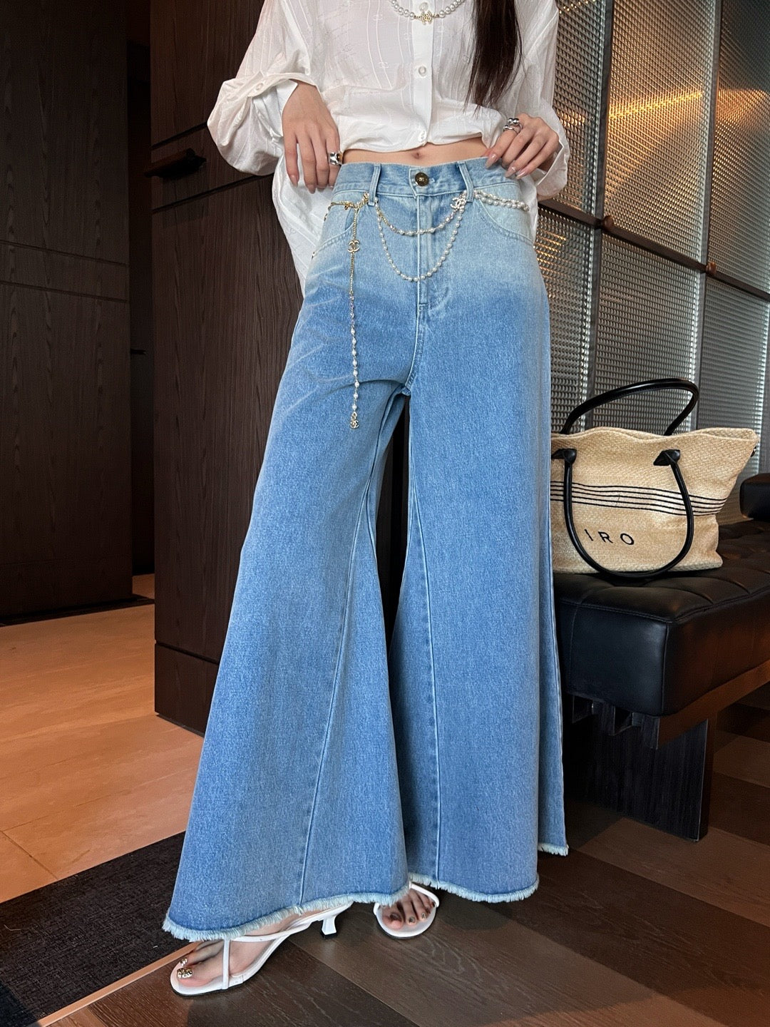 C 25 new pearl waist chain decoration wide leg jeans