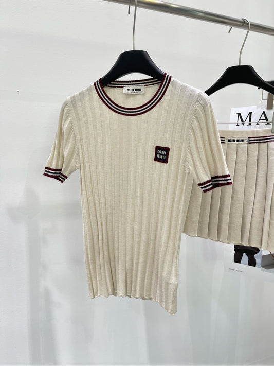 M 25Ss apricot red edge round neck knit short sleeve