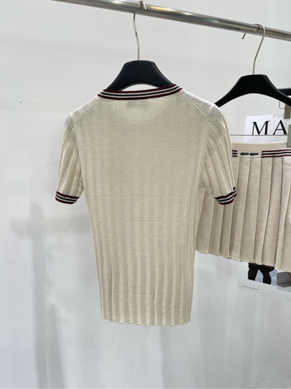 M 25Ss apricot red edge round neck knit short sleeve