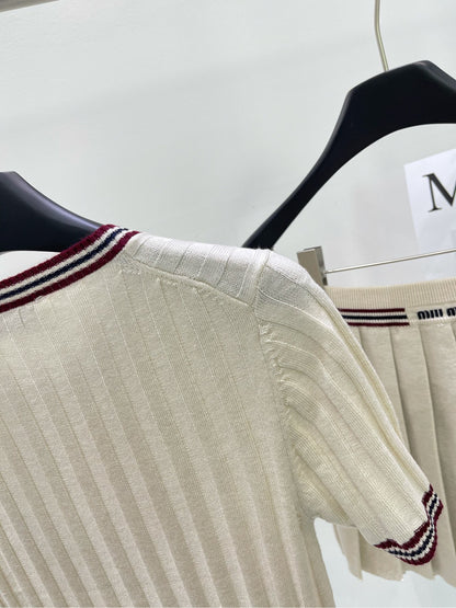 M 25Ss apricot red edge round neck knit short sleeve