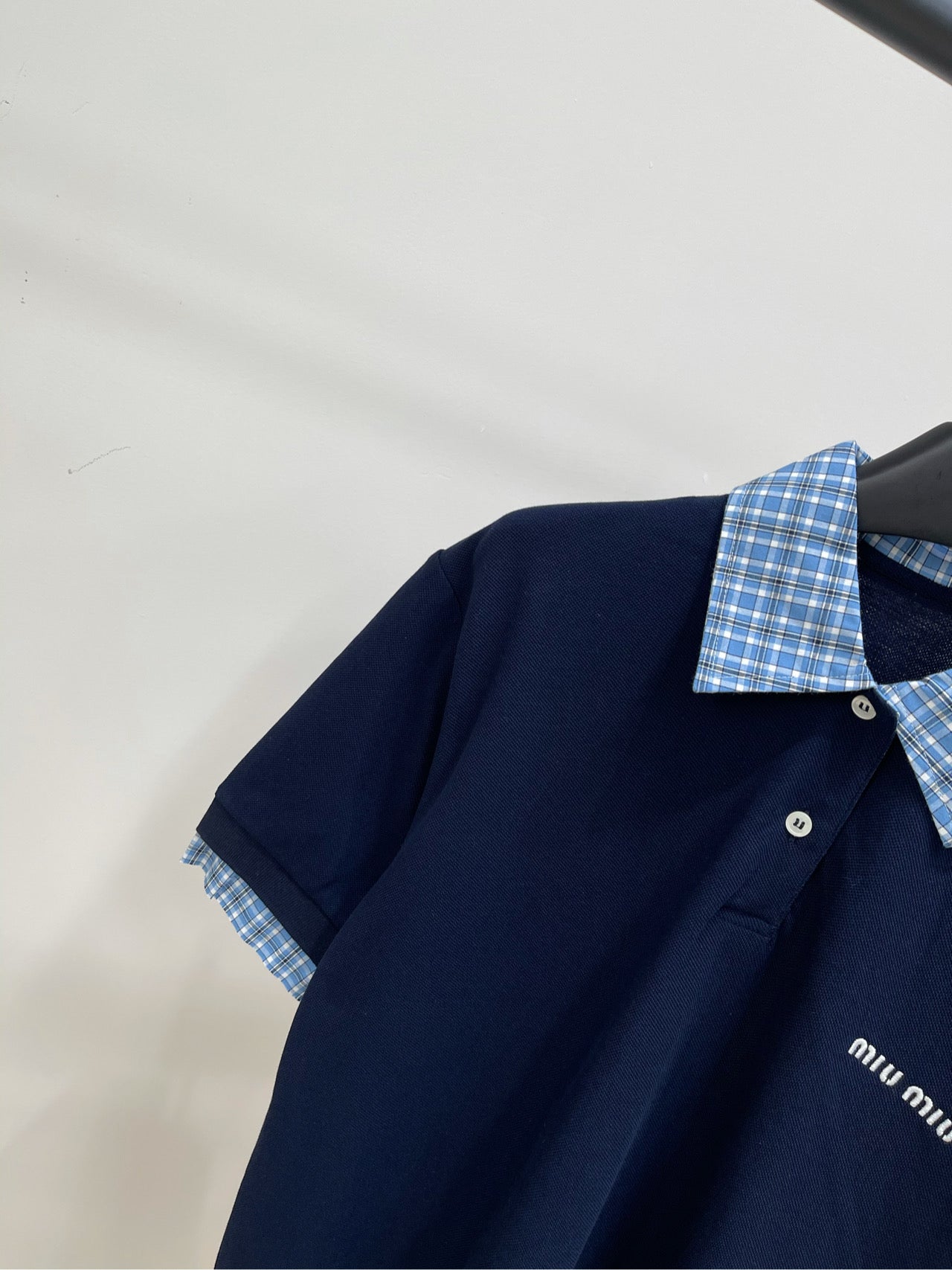 M 25ss Checkered blue two-piece short-sleeved polo shirt