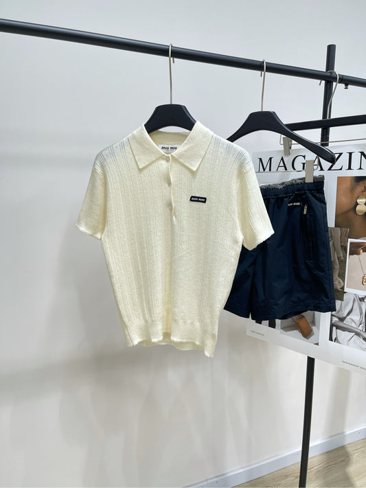 M 25Ss early spring new letters logo beige short-sleeved knit polo shirt