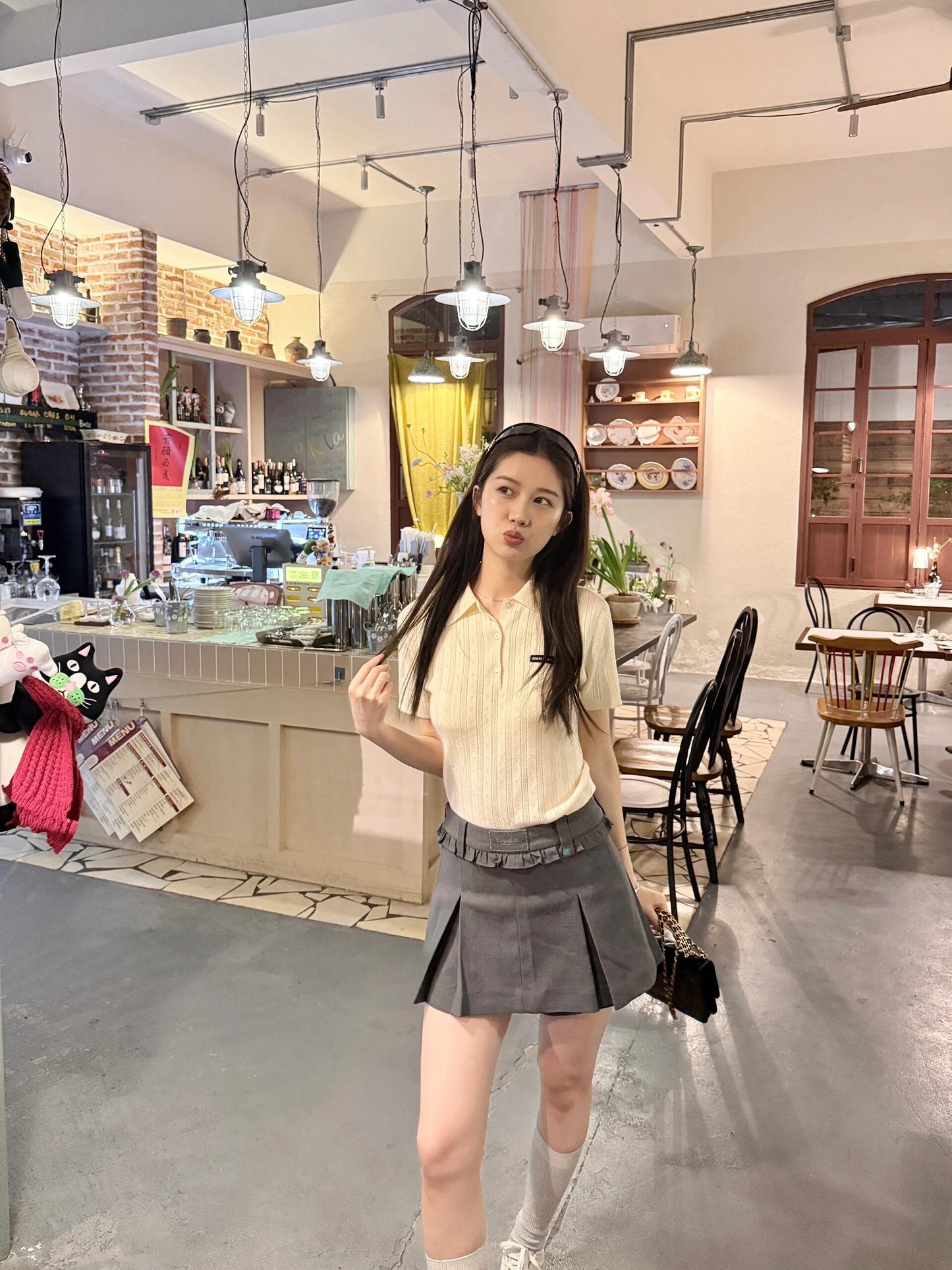 M 25Ss early spring new letters logo beige short-sleeved knit polo shirt