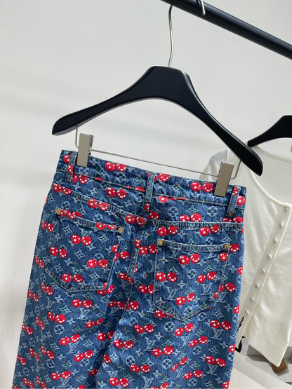 L 25 Dark blue old flower cherry denim pants